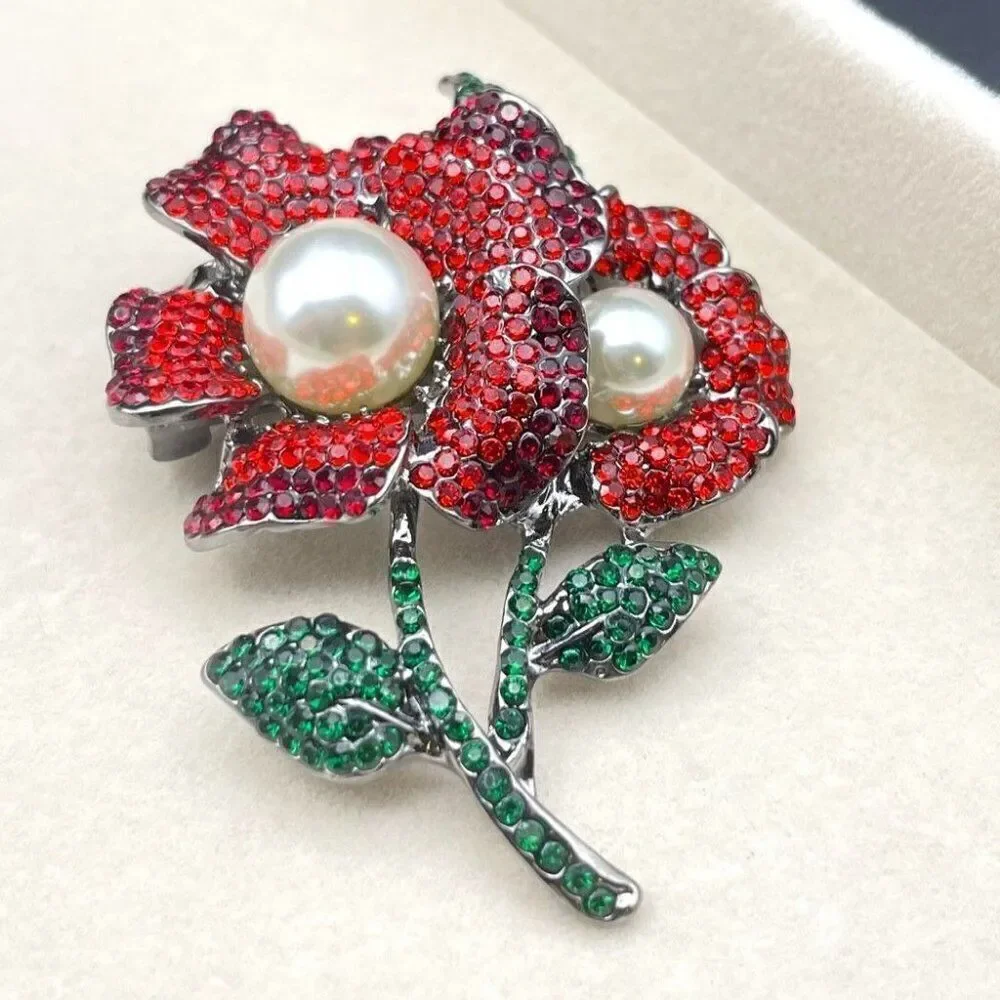 Gun Metal with Ruby Garnet Red and Emerald Crystal Pearl Flower Pin Back Brooch
